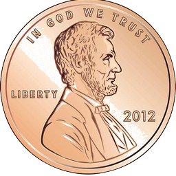 Copper one-cent penny, obverse, dated 2012